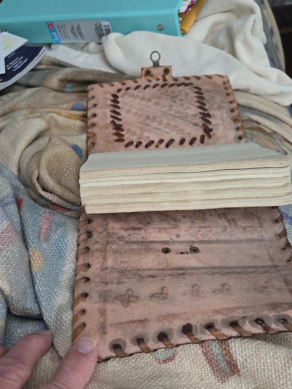 Leather journal with embossed metal decorative plate, handmade bound notebook